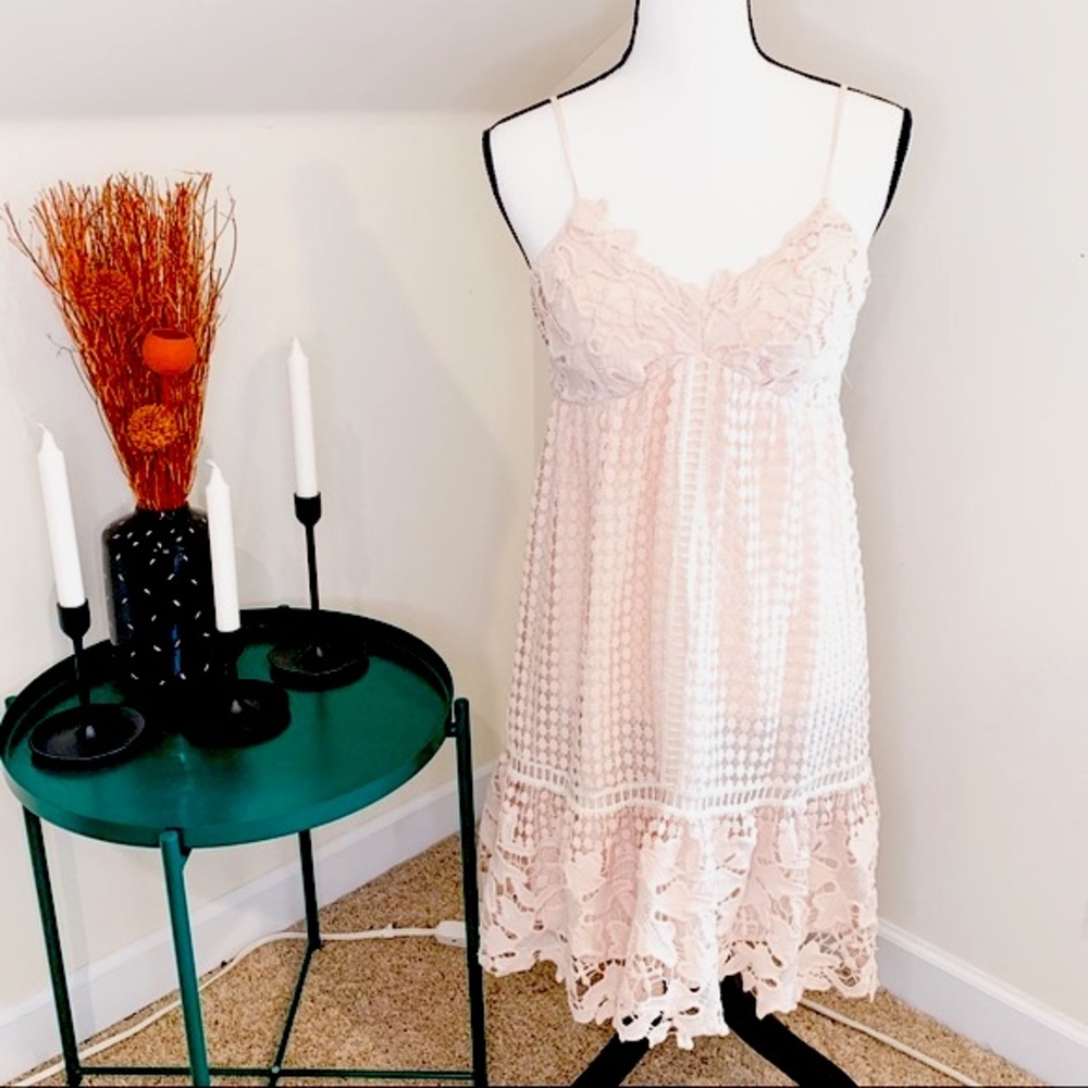 Champagne & Strawberry Pink Crochet Babydoll Dress Date Summer Spring Boho Cute